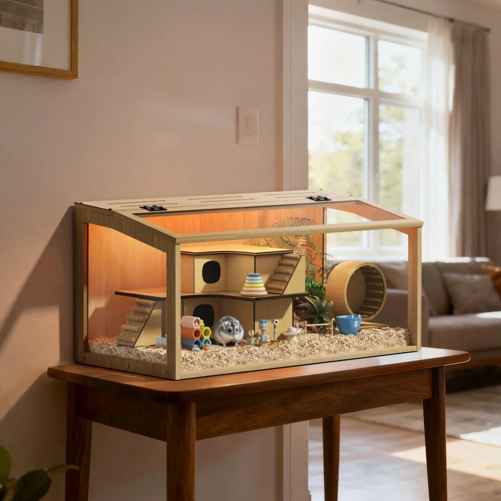 Wooden Hamster Habitat With Tempered Glass And LED Lighting
