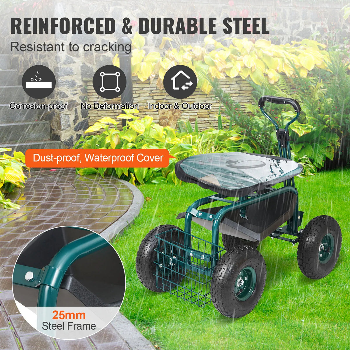 SucceBuy Swivel Seat Garden Cart With Wheels And Steering