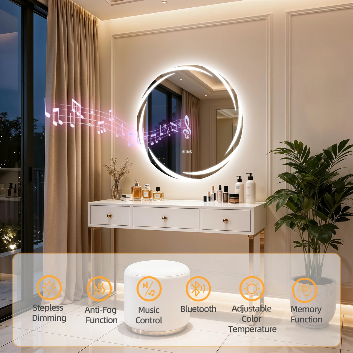 Round LED Bathroom Mirror With Bluetooth Speakers And Defogging
