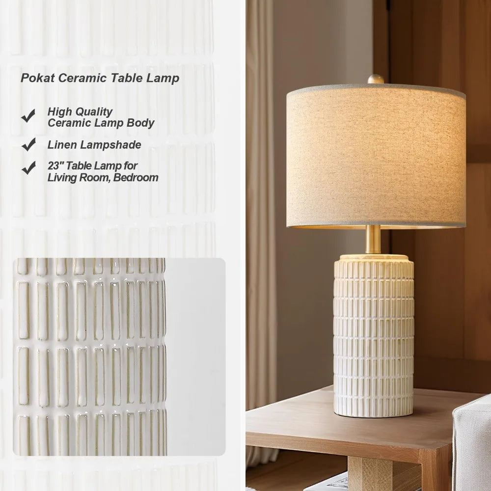 Modern Ceramic Table Lamp Set of 2 for Living Room Bedroom, White Nightstand Lamps with Farmhouse Style, Ideal Housewarming Gift for Women Mom
