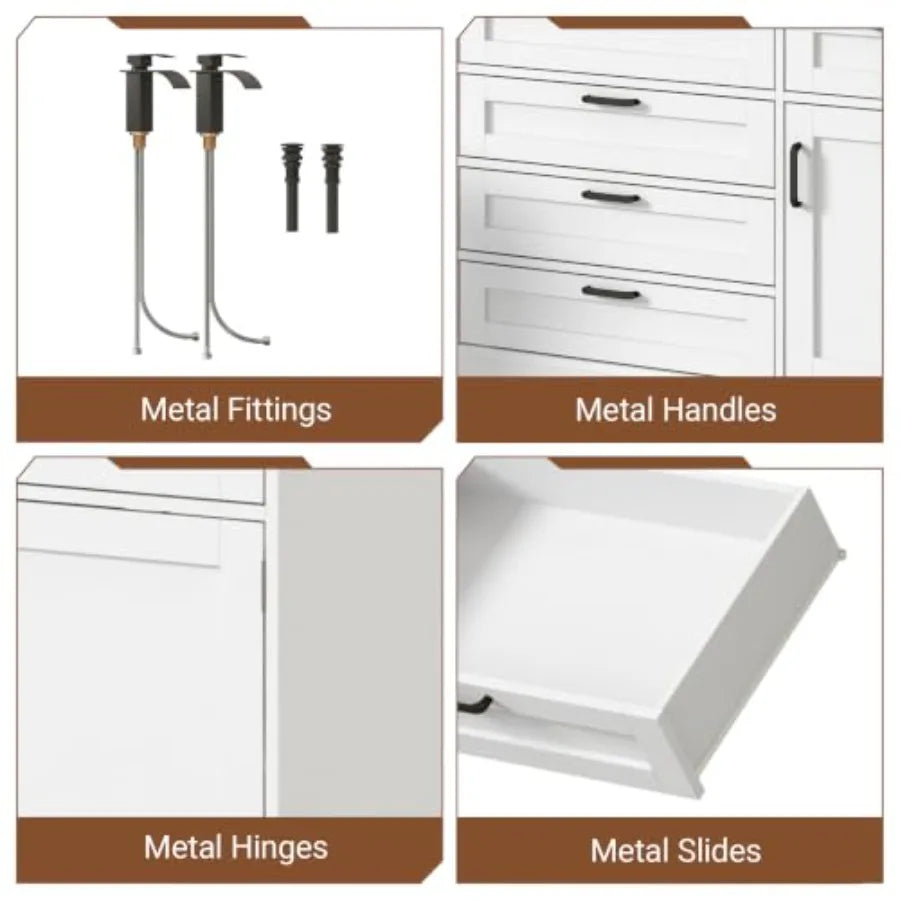 Bathroom vanity cabinet with double sink for modern bathrooms, MDF wood in white finish, featuring 2 storage doors and 3 flip-t