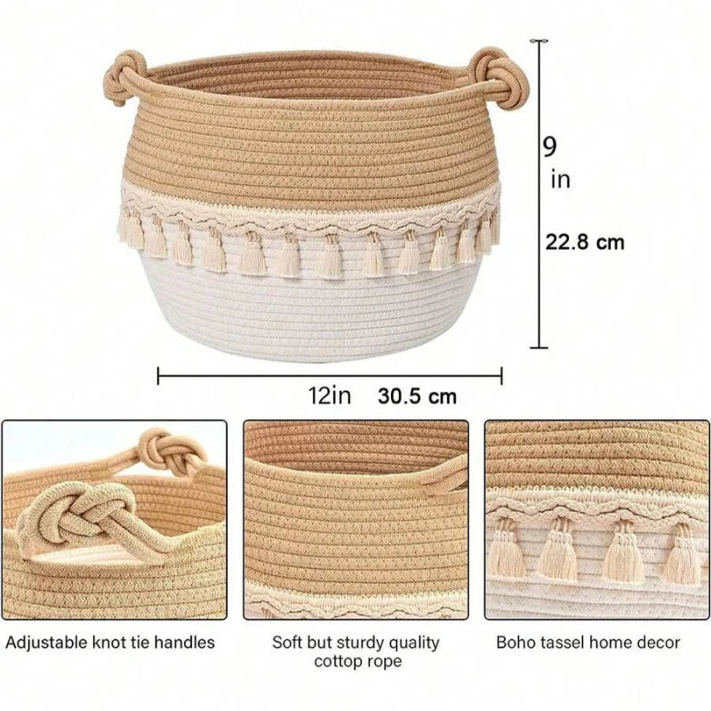 Bamboo Woven Bohemian Toy Storage Basket With Fringe Decor