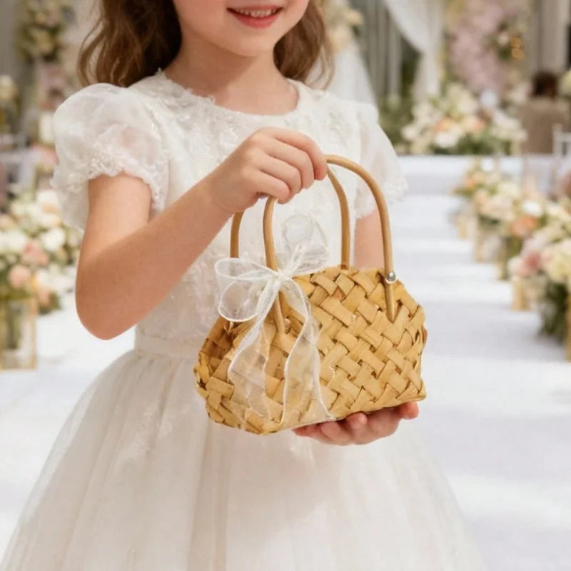 Bamboo Woven Basket With Bow Handles For Dried Floral Arrangements