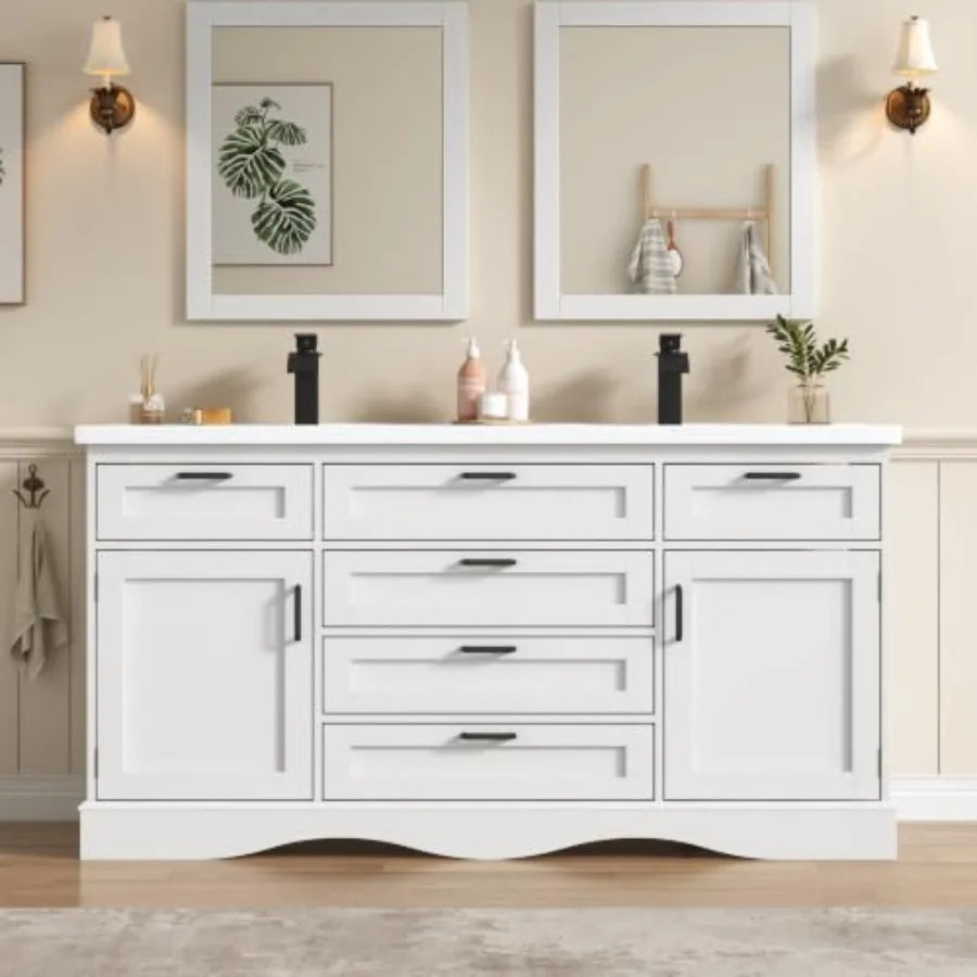 Bathroom vanity cabinet with double sink for modern bathrooms, MDF wood in white finish, featuring 2 storage doors and 3 flip-t