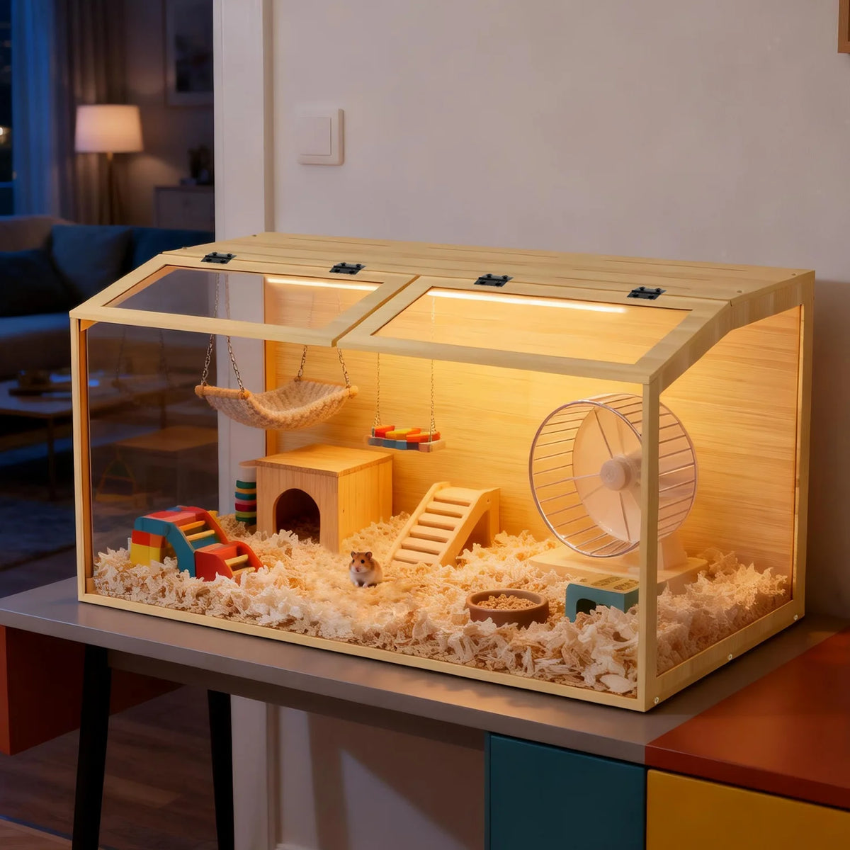 Wooden Hamster Cage Habitat With Openable Top And Glass Panels