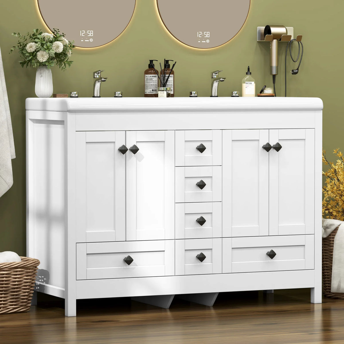 47.3 Inch White Bathroom Vanity Double Ceramic Sink Freestanding Cabinet with Doors & Drawers Modern Bathroom Storage Vanity Cabinet with Sink Combo