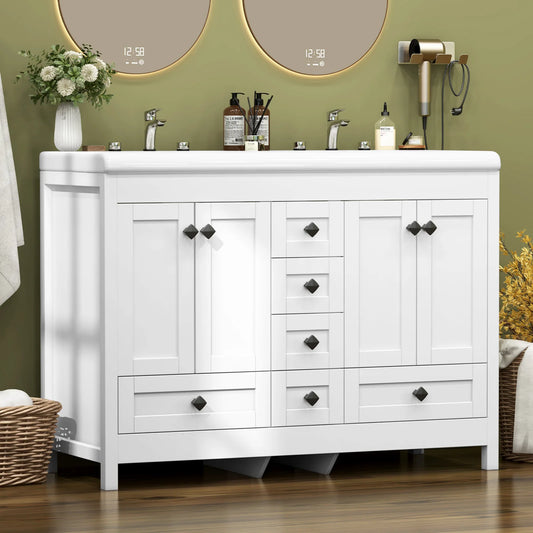 47.3 Inch White Bathroom Vanity Double Ceramic Sink Freestanding Cabinet with Doors & Drawers Modern Bathroom Storage Vanity Cabinet with Sink Combo