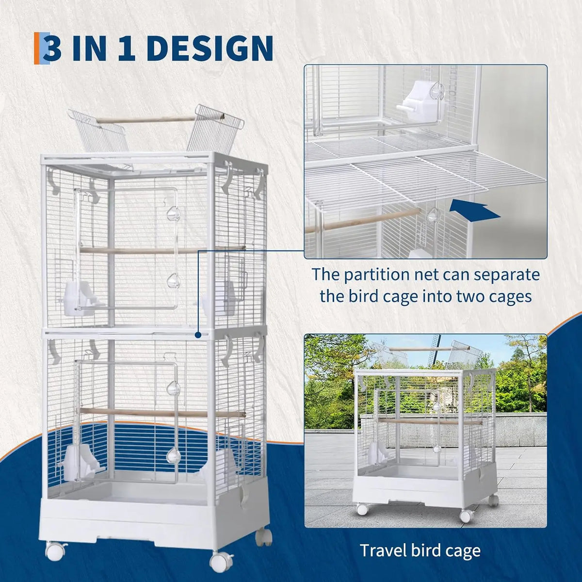 HiMISS Flight Bird Cage With Play Top And Rolling Stand