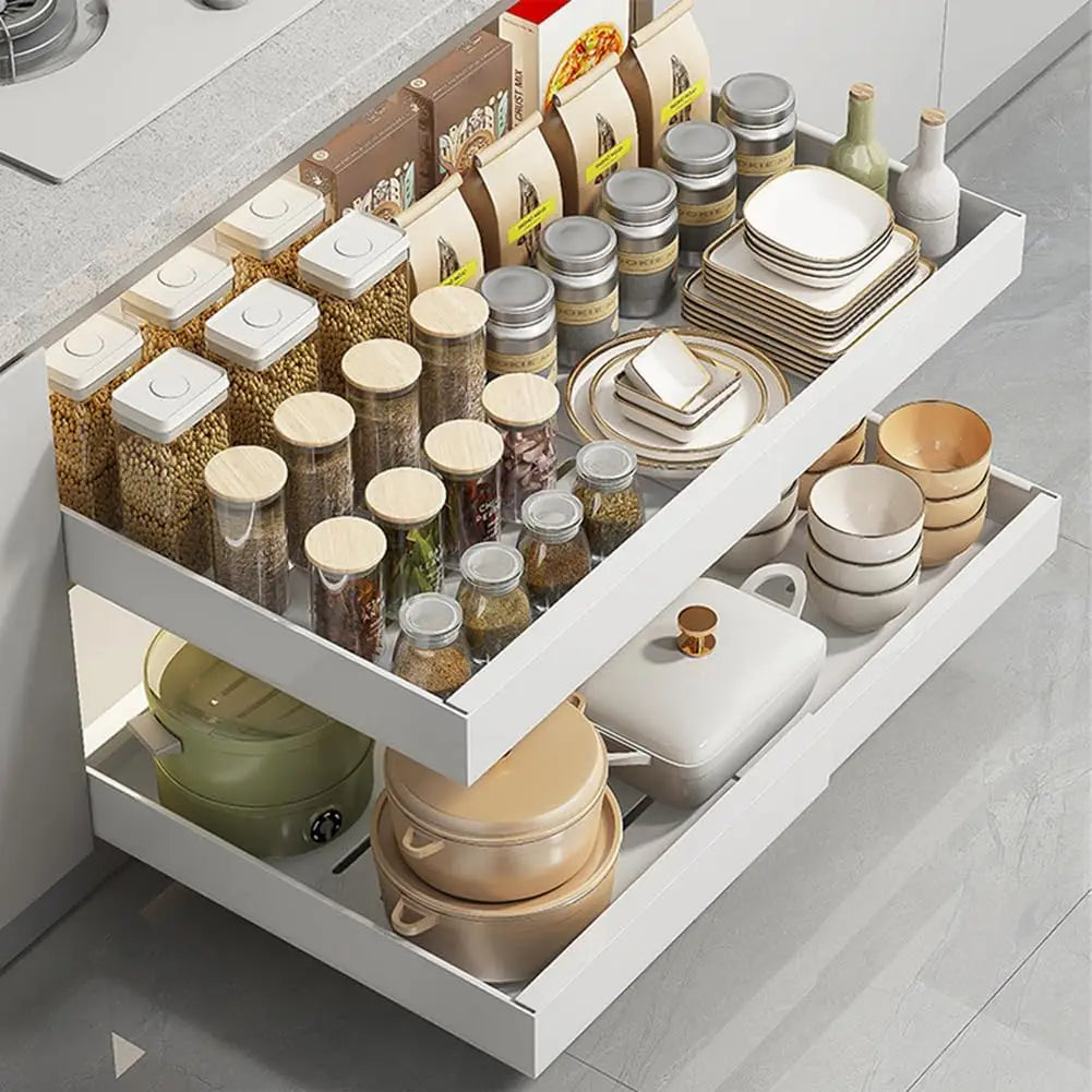 Garvee Expandable Pull Out Cabinet Organizer Adjustable Slide Out Drawer Tool‑Free Installation High Load Capacity Space Saving Practical Multi‑Purpose Cabinet Organizer