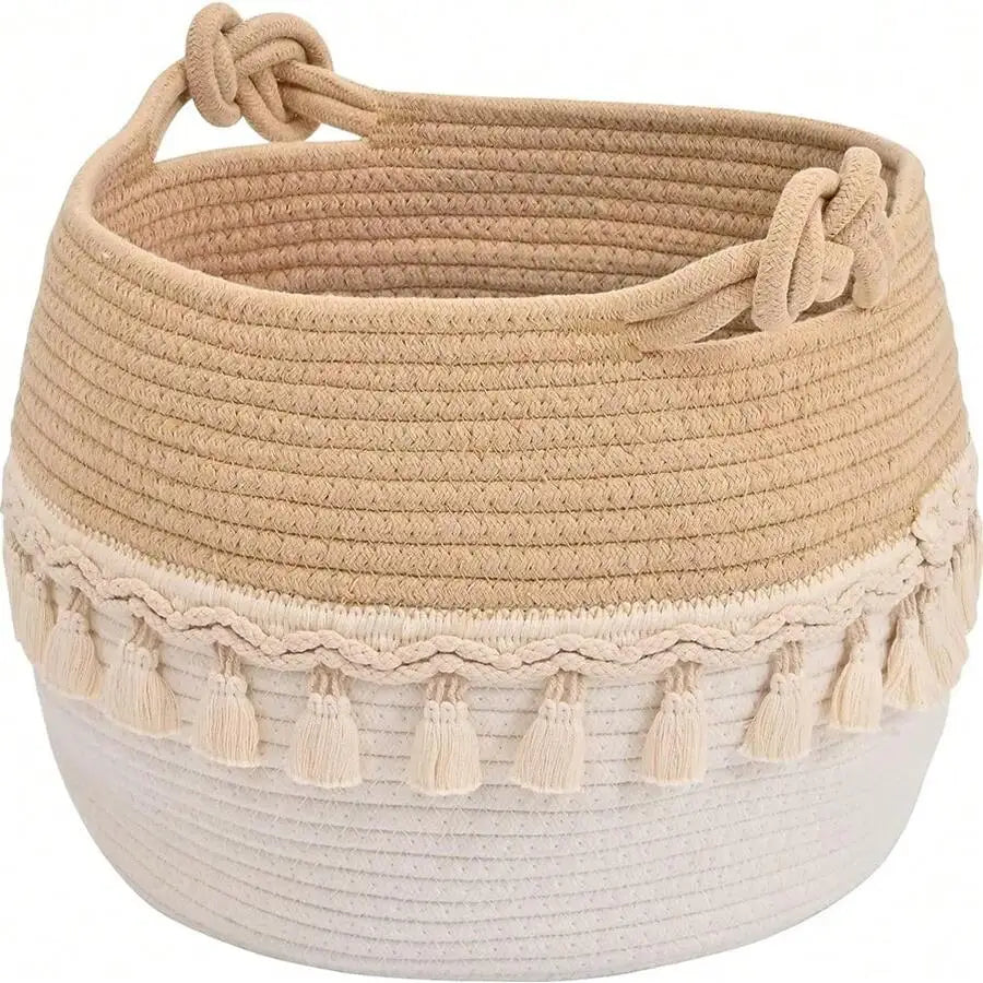 Bamboo Woven Bohemian Toy Storage Basket With Fringe Decor