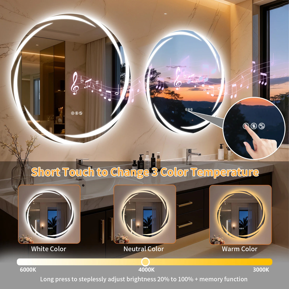 Round LED Bathroom Mirror With Bluetooth Speakers And Defogging