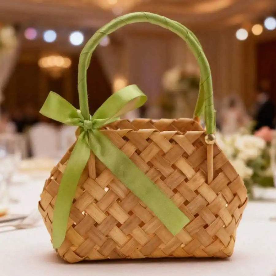 Bamboo Woven Basket With Bow Handles For Dried Floral Arrangements
