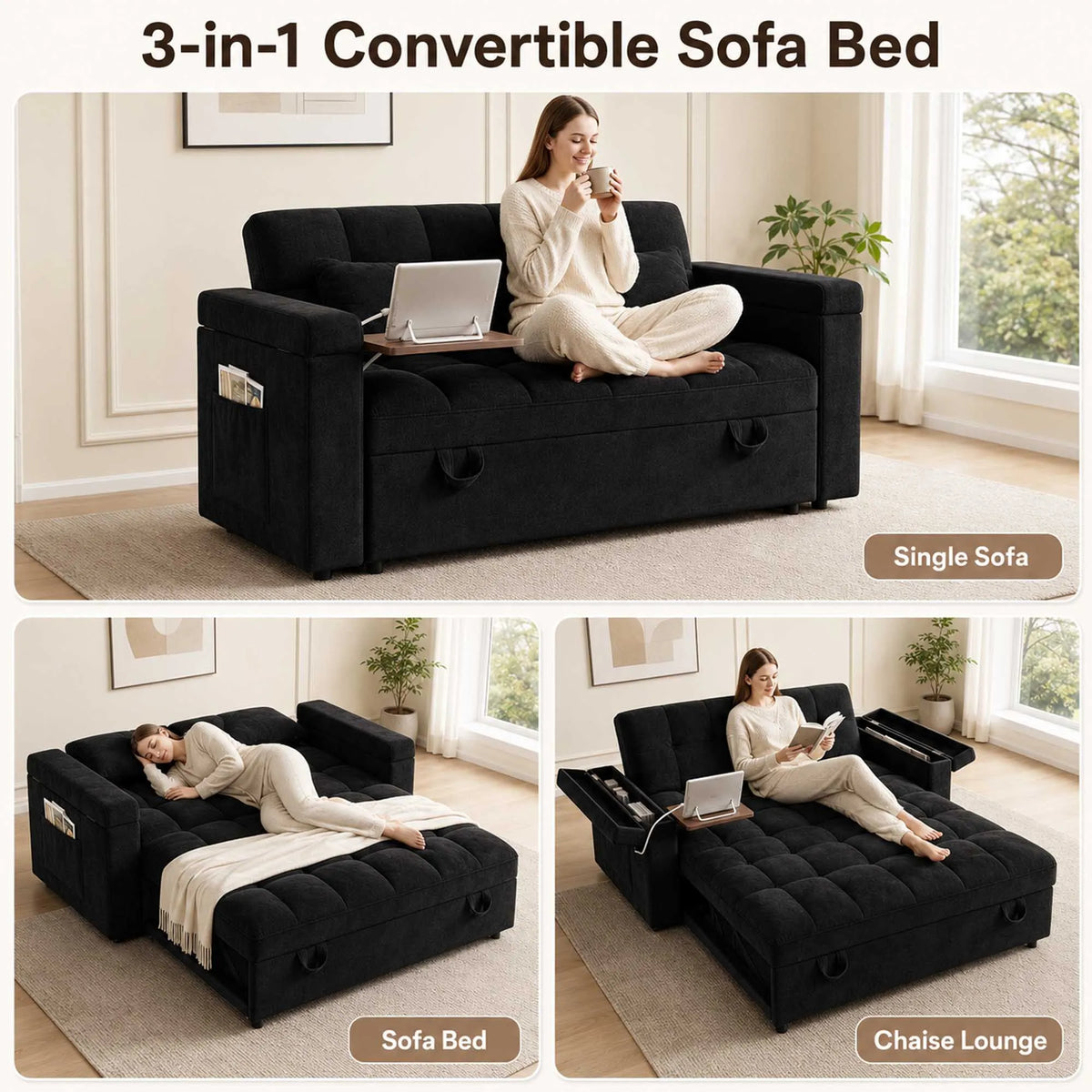Adjustable Foldable Velvet Sofa Bed With Usb Charging And Storage