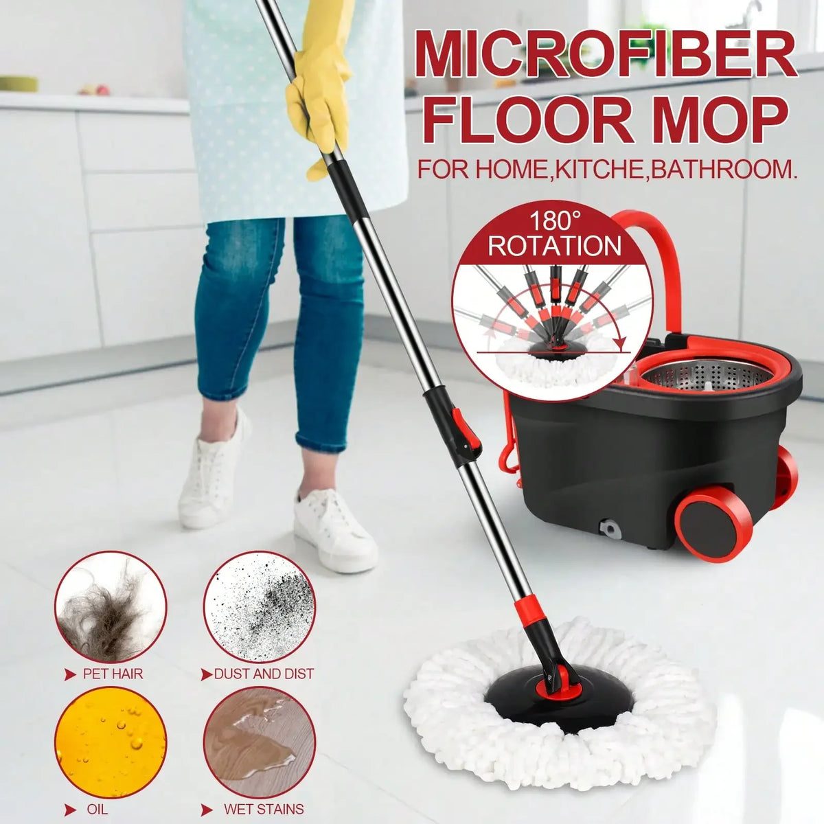 AEDG Heavy Duty Spin Mop Set With Three Microfiber Replacement Heads