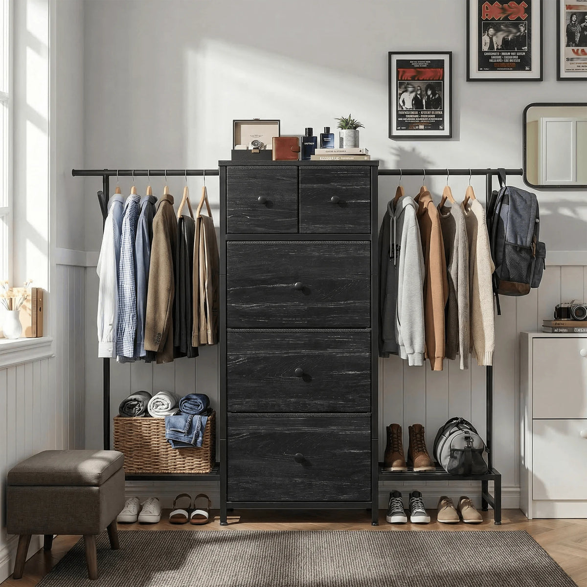EnHomee 3-In-1 Dresser And Hanging Rack With Five Drawers