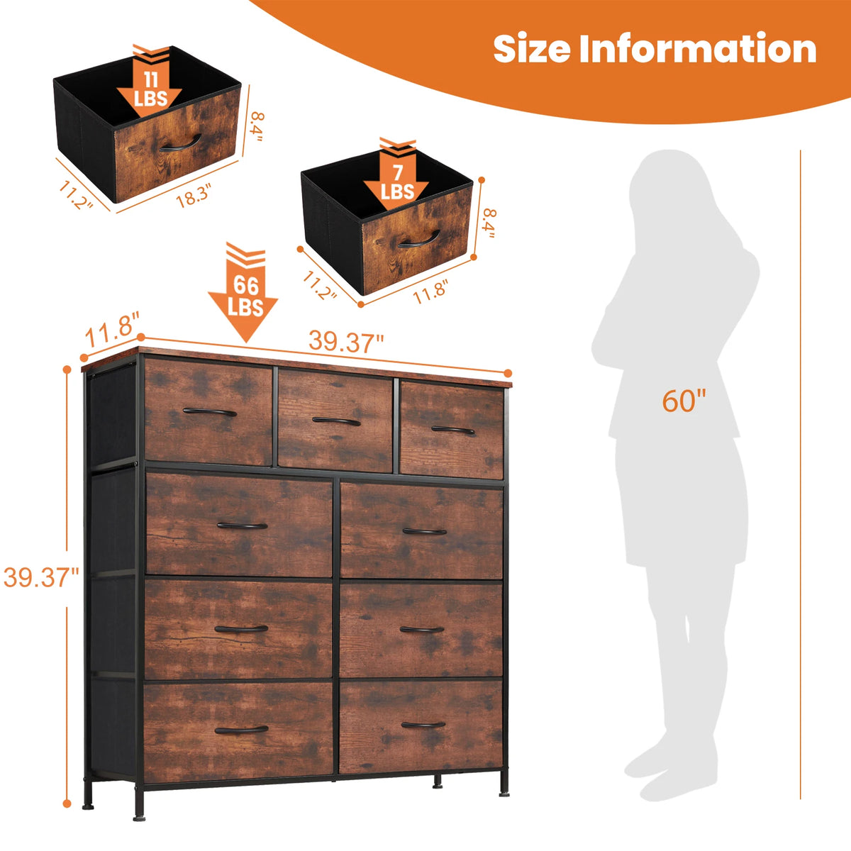 JHK 9 Drawer Fabric Wardrobe Dresser With Storage Chest