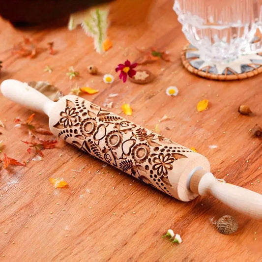 Wooden Sunflower Embossed Rolling Pin For Baking And Pastry