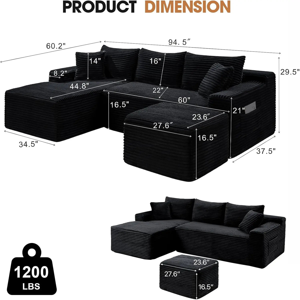 U-Shaped Modular Sectional Sofa With Deep Seat Ottoman Corduroy Fabric