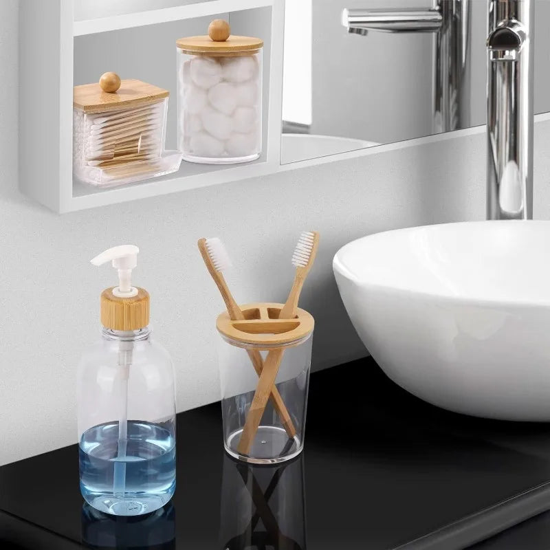 Bamboo Bathroom Set With Soap Dispenser Toothbrush Holder Storage Jars
