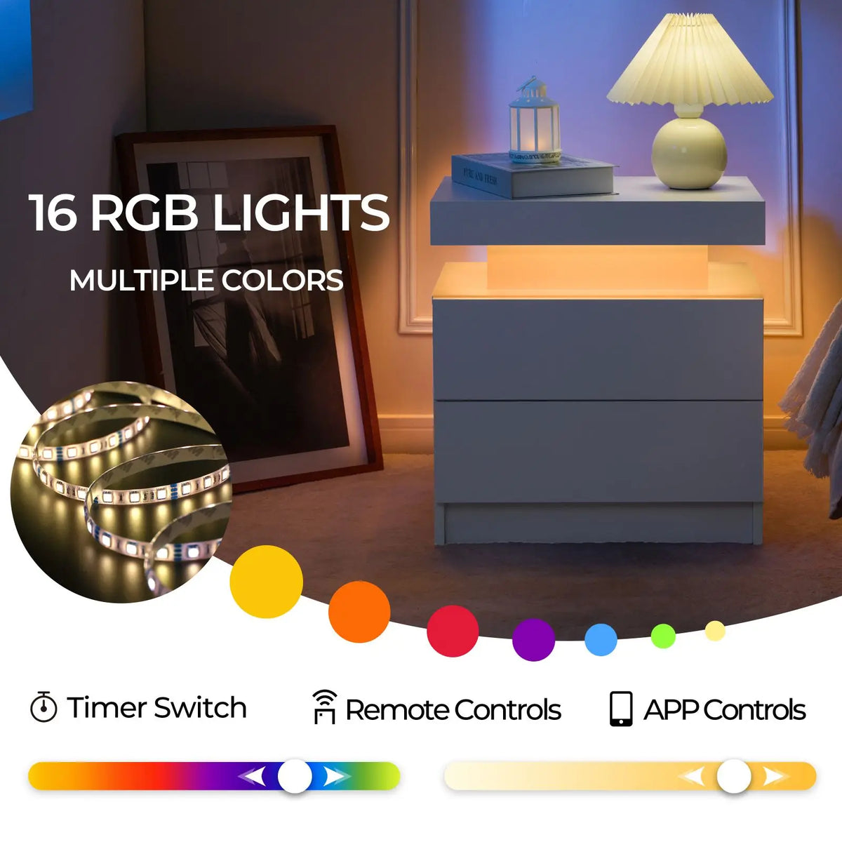 Cubehom LED Nightstand Set With Two Drawers and Bedside Lighting