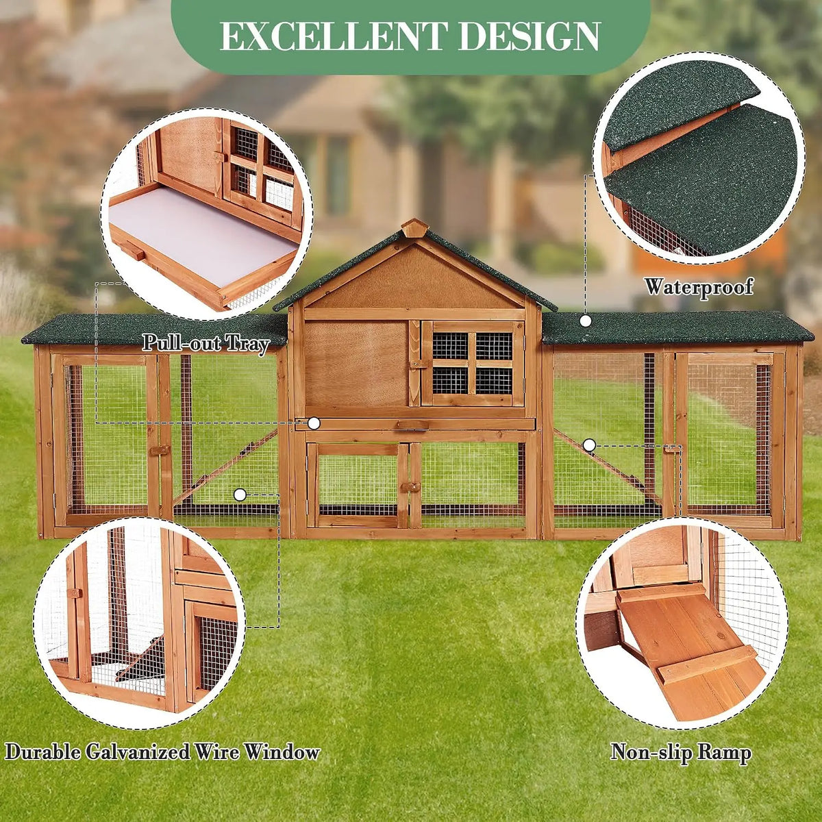Garvee Wooden Chicken Coop Hutch With Waterproof Asphalt Roof