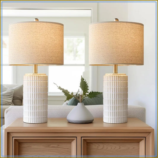 Modern Ceramic Table Lamp Set of 2 for Living Room Bedroom, White Nightstand Lamps with Farmhouse Style, Ideal Housewarming Gift for Women Mom