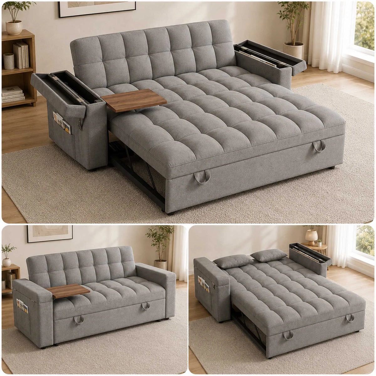 Adjustable Foldable Velvet Sofa Bed With Usb Charging And Storage