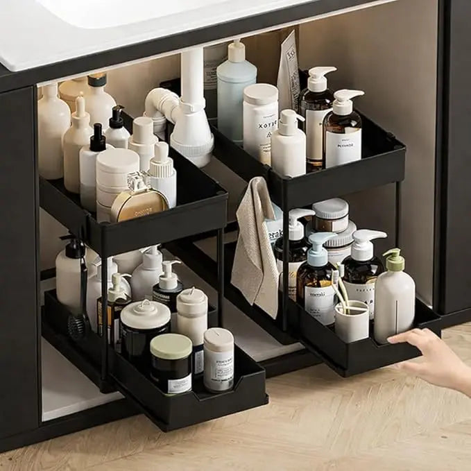 Two Tier Sliding Under Sink Organizer With Side Hooks