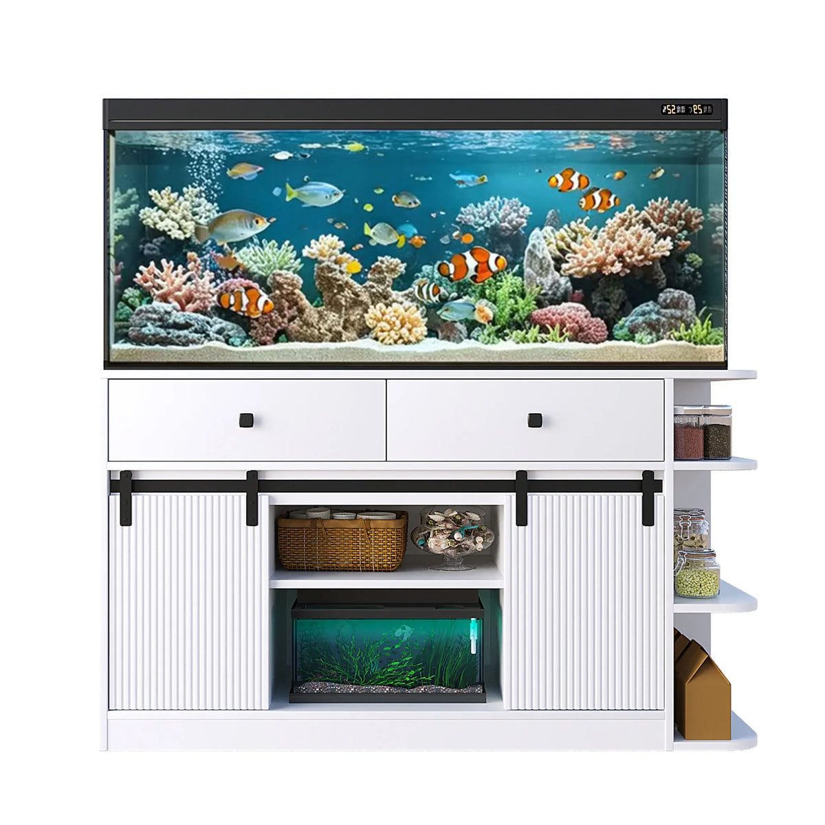 75 Gallon Aquarium Stand with LED Light & Power Outlets, 55-75 Gal Fish Tank Cabinet with Sliding Fluted Doors, 1200 LBS Capacity
