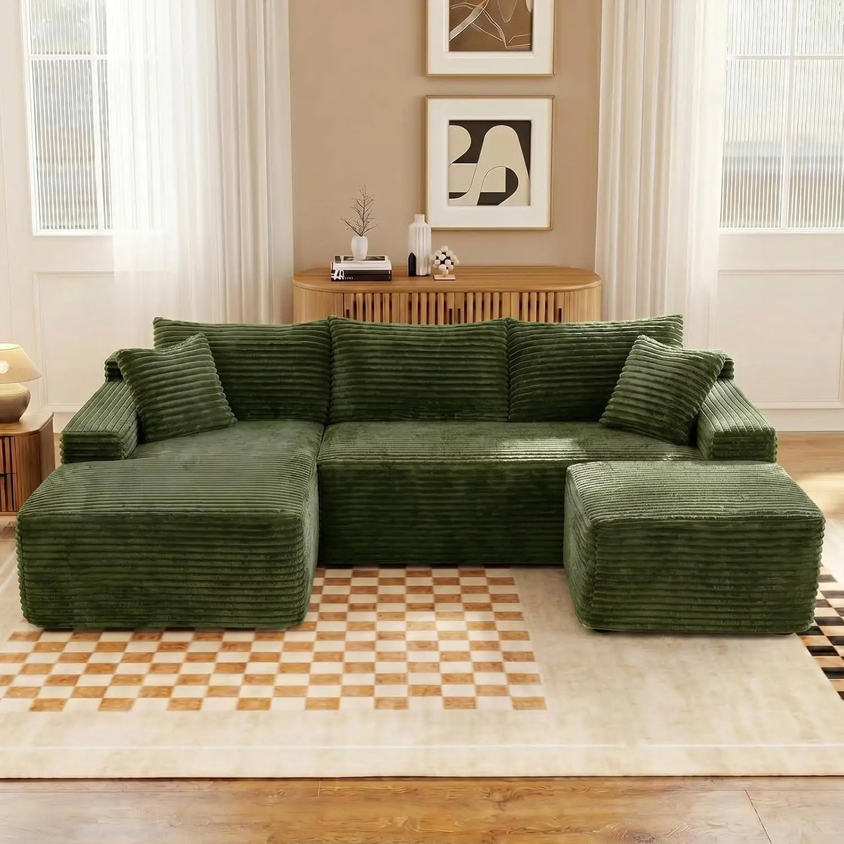 U-Shaped Modular Sectional Sofa With Deep Seat Ottoman Corduroy Fabric