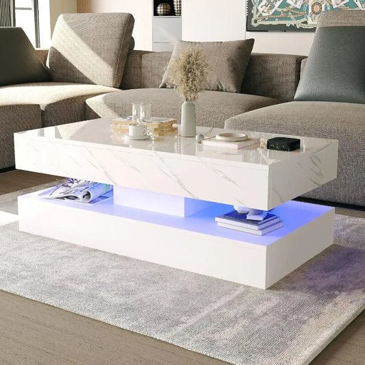 Modern Gloss LED Center Table With Two Tier Storage Drawers