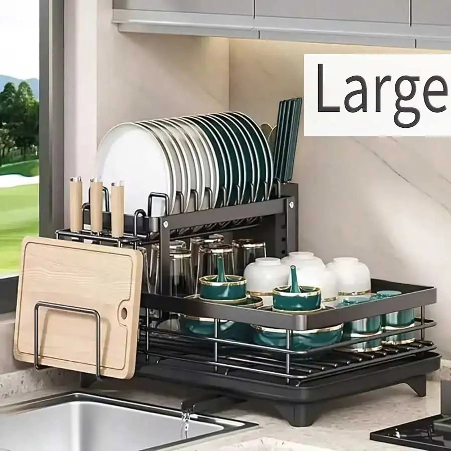 2size 2style storage rack can select for kitchen use This Double Large Metal Carbon Steel Cutlery Rack Is Perfect For Kitchen Countertops. It's Space-Saving And Durable, Featuring Knife, Fork, And Cup Holders, As Well As A Dr