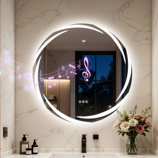 Round LED Bathroom Mirror With Bluetooth Speakers And Defogging