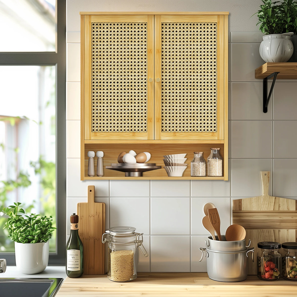 Wisfor Bamboo Wall Mounted Storage Cabinet With Rattan Doors