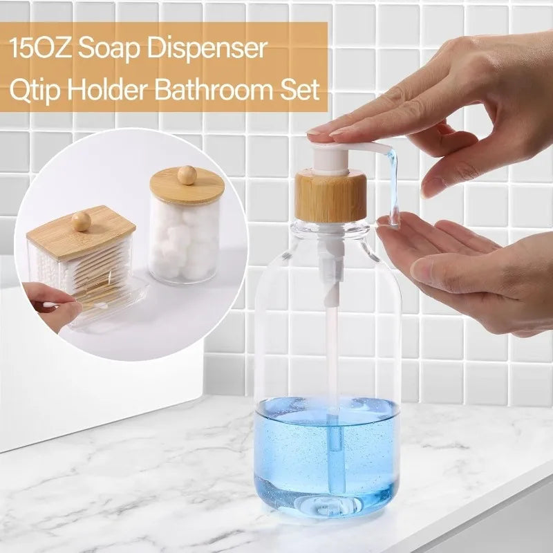 Bamboo Bathroom Set With Soap Dispenser Toothbrush Holder Storage Jars