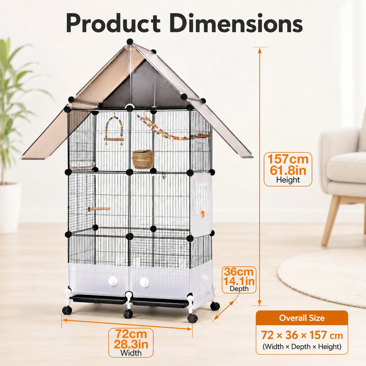 Large Bird Cage With Acrylic Door, Perches, Tray And Casters