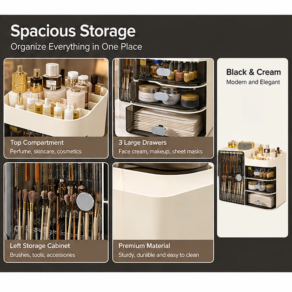 Beige Cosmetic Storage Box High Capacity Dustproof Makeup Organizer with Multi Drawers & Brush Holder for Desktop Dresser Home