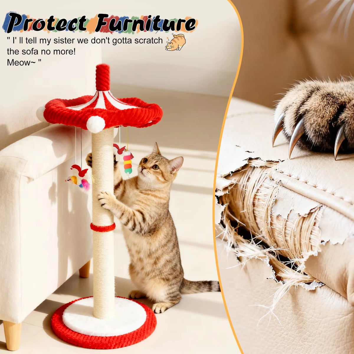 CWV Rotating Cat Scratching Post With Sturdy Base Hanging Toy